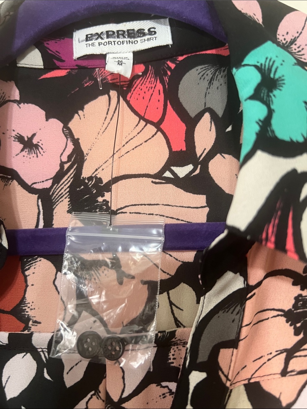 Express Floral Button-Down Shirt in Black, Teal, Coral, Pink - Picture 2 of 5